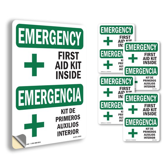 First Aid Kit Inside Bilingual OSHA Emergency Vinyl Decal Label 5 Inch x 3.5 Inch - 5 Pack