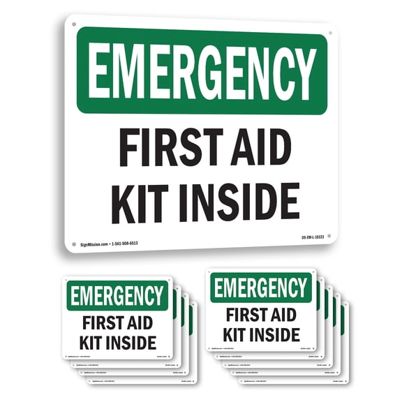 First Aid Kit Inside OSHA Emergency Aluminum Sign 10 Inch x 7 Inch - 10 Pack