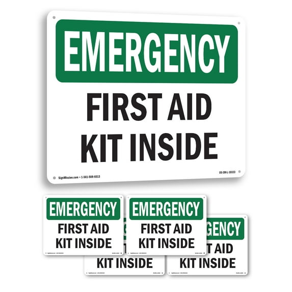 First Aid Kit Inside OSHA Emergency Rigid Plastic Sign 14 Inch x 10 Inch - 5 Pack