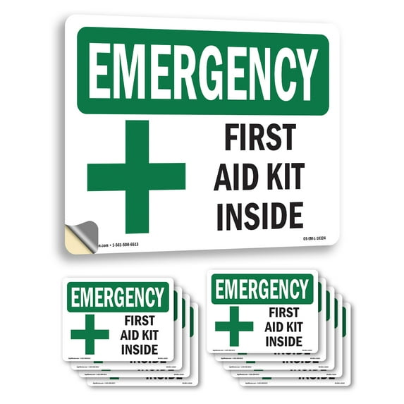 First Aid Kit Inside OSHA Emergency Vinyl Decal Label 10 Inch x 7 Inch - 10 Pack