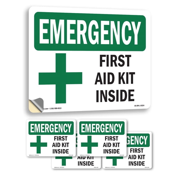 First Aid Kit Inside OSHA Emergency Vinyl Decal Label 5 Inch x 3.5 Inch - 5 Pack