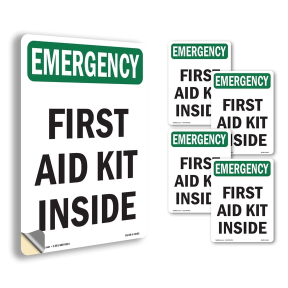 First Aid Kit Inside OSHA Emergency Vinyl Decal Label 5 Inch x 3.5 Inch - 5 Pack