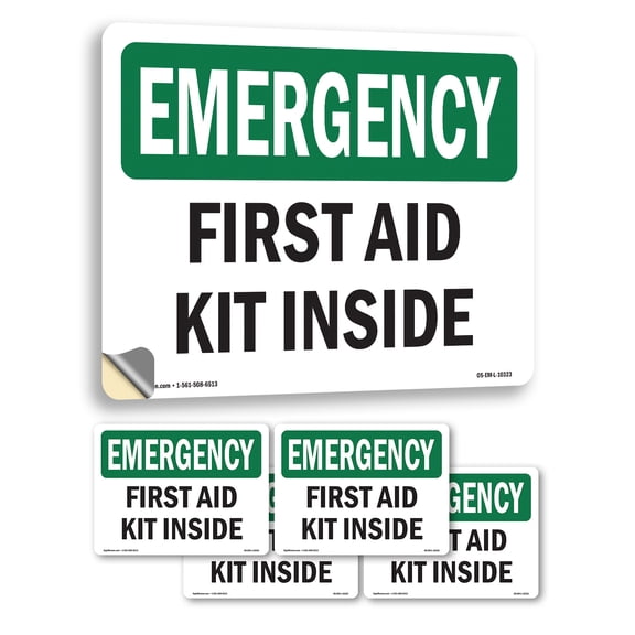 First Aid Kit Inside OSHA Emergency Vinyl Decal Label 5 Inch x 3.5 Inch - 5 Pack