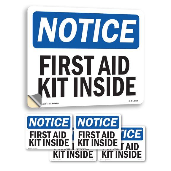 First Aid Kit Inside OSHA Notice Vinyl Decal Label 7 Inch x 5 Inch - 5 Pack