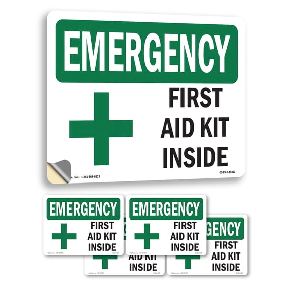 First Aid Kit Inside With Symbol OSHA Emergency Vinyl Decal Label 5 Inch x 3.5 Inch - 5 Pack