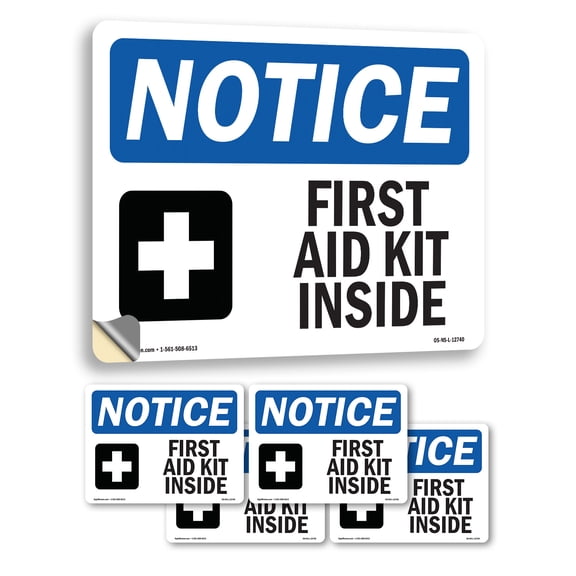 First Aid Kit Inside With Symbol OSHA Notice Vinyl Decal Label 5 Inch x 3.5 Inch - 5 Pack