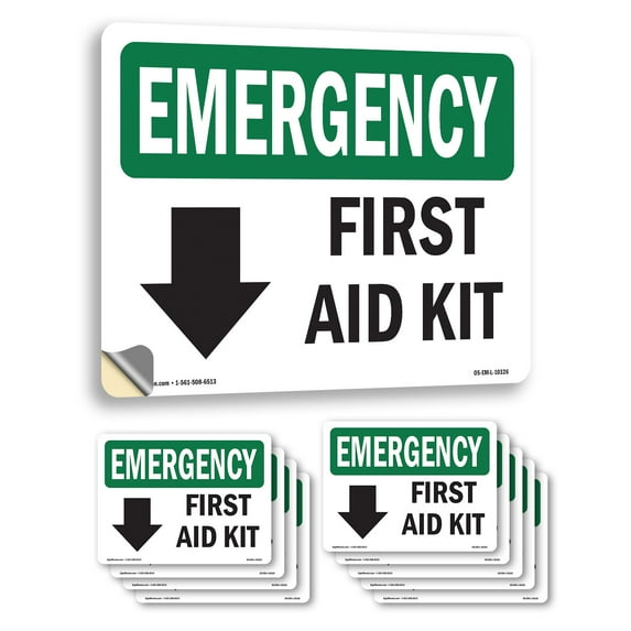 First Aid Kit OSHA Emergency Vinyl Decal Label 14 Inch x 10 Inch - 10 Pack