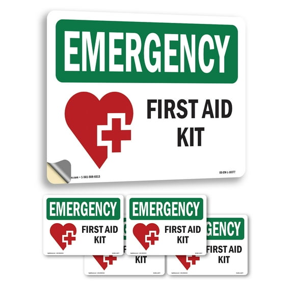 First Aid Kit With Symbol OSHA Emergency Vinyl Decal Label 5 Inch x 3.5 Inch - 5 Pack