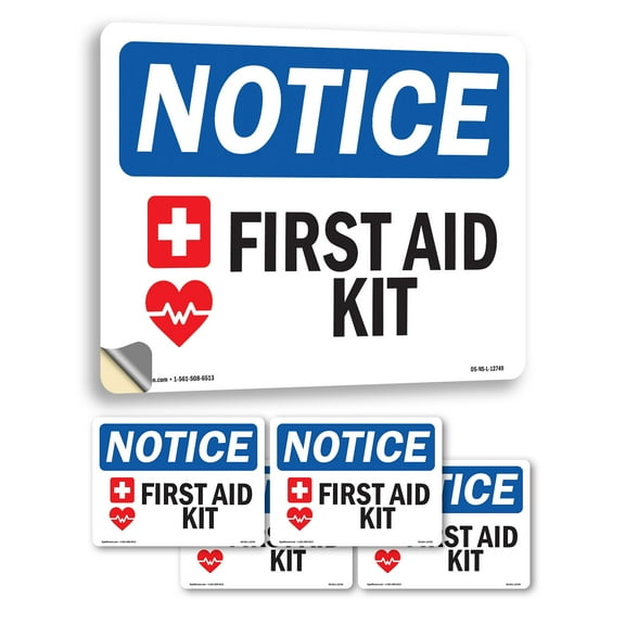 First Aid Kit With Symbol OSHA Notice Vinyl Decal Label 5 Inch x 3.5 Inch - 5 Pack
