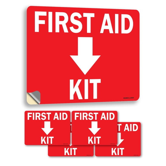 First Aid Kit with Down OSHA Vinyl Decal Label 5 Inch x 3.5 Inch - 5 Pack