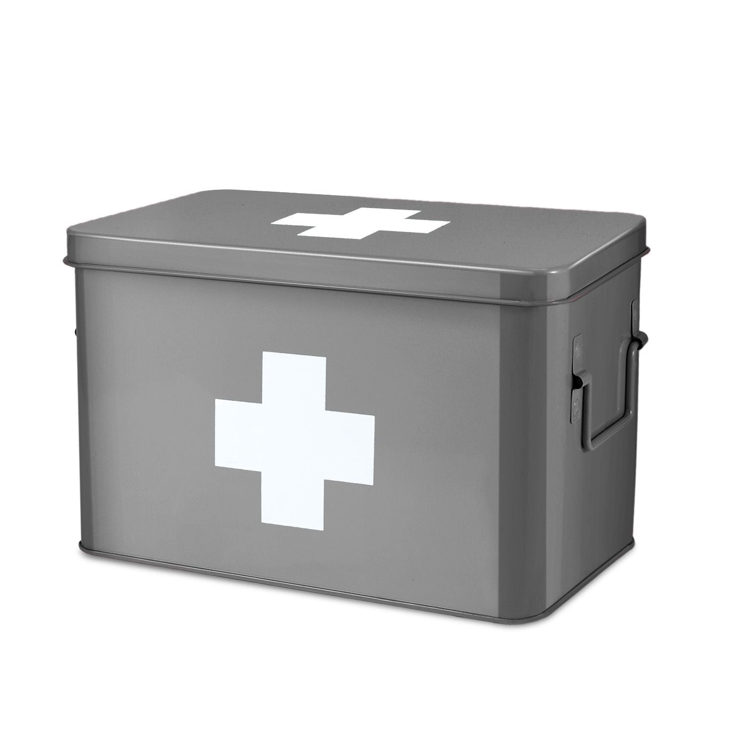 First Aid Medicine Box Supplies Kit Organizer - 12.5" Gray Metal Tin Medic Bin Hard Case with Removable Tray Handle Storage Compartment, Vintage Antique Empty Boxes for Home Family Emergency Tool Set