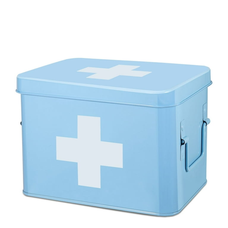 First Aid Medicine Box Supplies Kit Organizer - 8.6 Blue Metal Tin Medic  Bin Hard Case with Removable Tray, Handle, Storage Compartment, Vintage