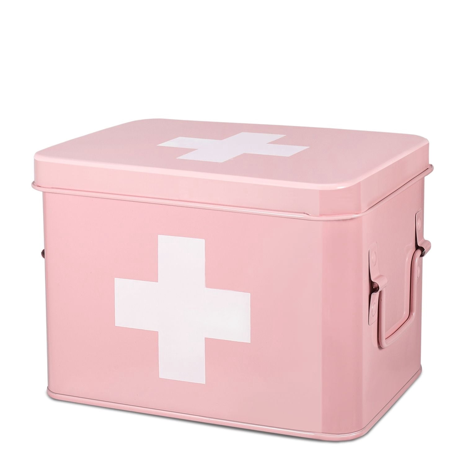 First Aid Medicine Box Supplies Kit Organizer - 8.6" Pink Metal Tin Medic Bin Hard Case with Removable Tray, Handle, Storage Compartment, Vintage Antique Empty Boxes for Home Family Emergency Tool