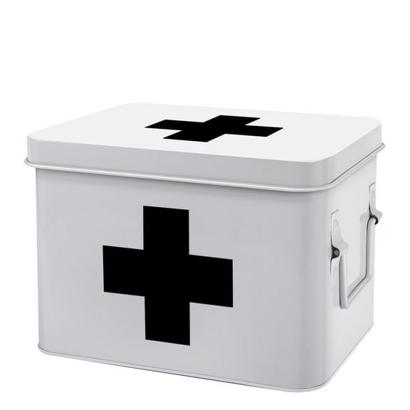 First Aid Medicine Box Supplies Kit Organizer - 8.6" White Metal Tin Medic Bin Hard Case with Removable Tray Handle Storage Compartment, Vintage Antique Empty Boxes for Home Family Emergency Tool Set