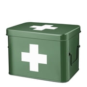 First Aid Medicine Box Supplies Kit Organizer - 8.6" White Metal Tin Medic Bin Hard Case with Removable Tray Handle Storage Compartment, Vintage Antique Empty Boxes for Home Family Emergency Tool Set