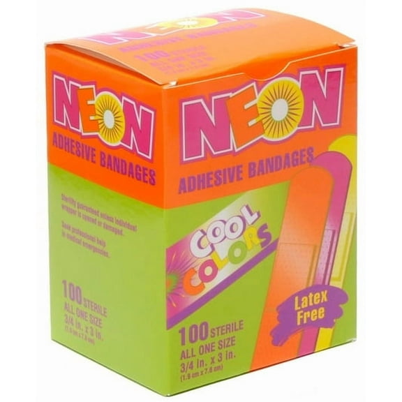 First- Aid Neon Adhesive Sterile Plastic Bandages, Assorted Colors, 100 Box