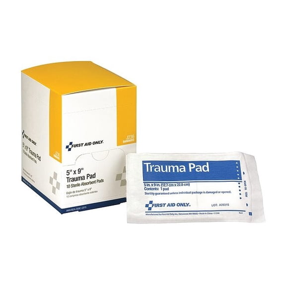 First Aid Only Trauma Pad, Sterile, White, 5 in. W, PK10 J236