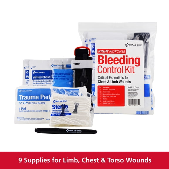 First Aid Only Critical Essentials Bleeding Control Kit for Chest & Limb Wounds, 9 Piece Kit