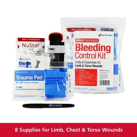 First Aid Only Critical Essentials Bleeding Control Kit for Limb & Torso Wounds, 8 Piece Kit