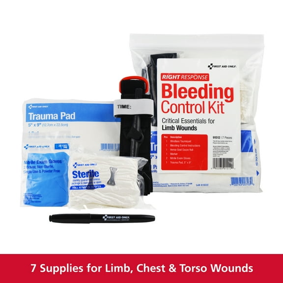 First Aid Only Critical Essentials Bleeding Control Kit for Limb & Wounds, 7 Pieces Per Kit