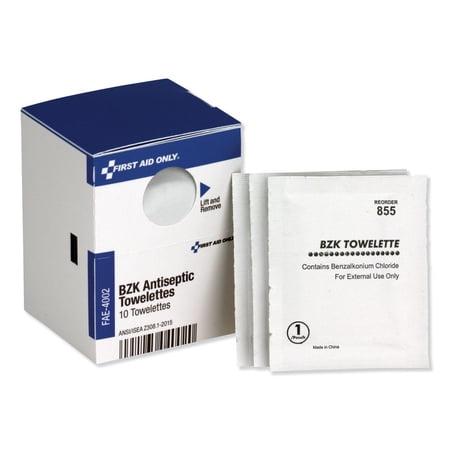 First Aid Only, FAOFAE4002, BZK Antiseptic Towelettes, 10 / Box, White