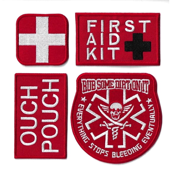 First Aid Patches 4pc Set | Ouch Pouch Everything Stops Bleeding First Responder Jacket or Medic Patch Kit | Funny Tactical Iron On Small - by Nixon Thread Co. (Red/White - Hook and Loop))
