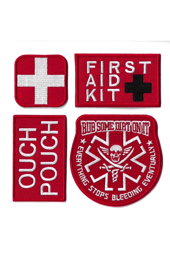 First Aid Patches 4pc Set | Ouch Pouch Everything Stops Bleeding First Responder Jacket or Medic Patch Kit | Funny Tactical Iron On Small - by Nixon Thread Co. (Red/White - Hook and Loop))