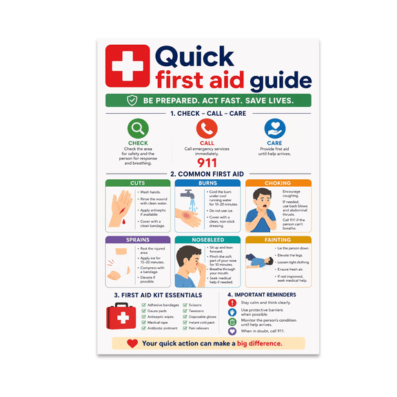 First Aid Quick-Reference Chart - Emergency Preparedness - 13x19 Poster Print
