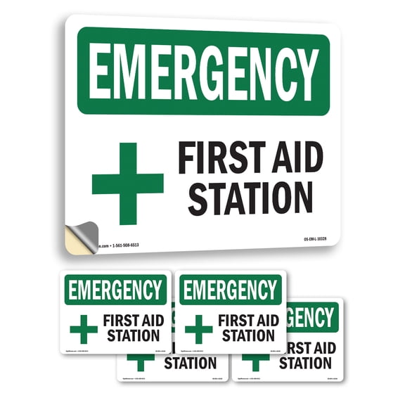 First Aid Station OSHA Emergency Vinyl Decal Label 5 Inch x 3.5 Inch - 5 Pack