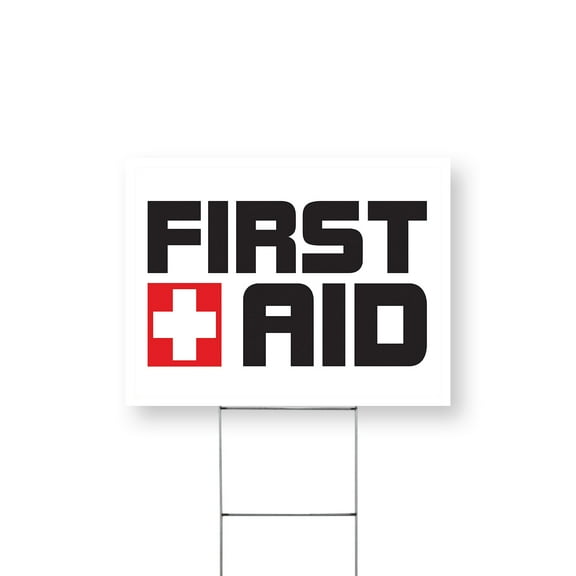 First Aid Yard Sign 12 Inch x 16 Inch Single Sided Weatherproof Heavy-Duty Plastic with Stake | Emergency Supplies, Workplace Safety, OSHA Compliance | Made in USA