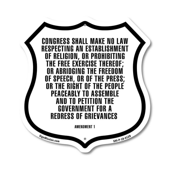 First Amendment (2 Pack) 12 inch X 12 inch Shield-Shaped Rust-Free Aluminum Metal Signs Weather Resistant Made in the USA