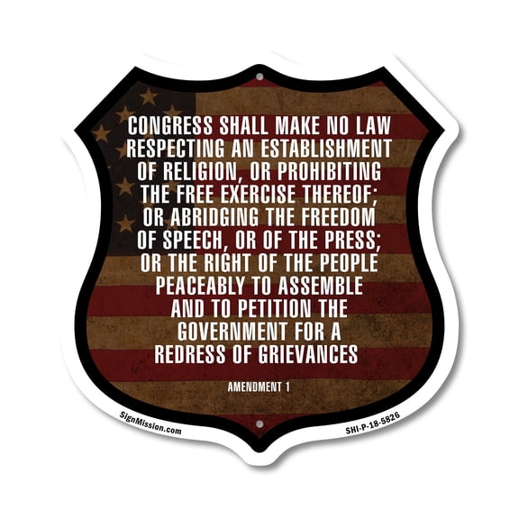 First Amendment Flag (5 Pack) 12 inch X 12 inch Shield-Shaped Rust-Free Aluminum Metal Signs Weather Resistant Made in the USA