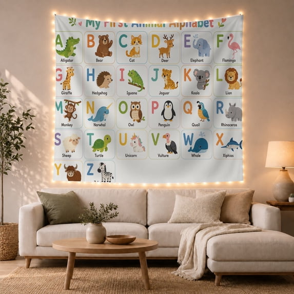 First Animal Alphabet with Alligator Bear Vertical Chart, Playful Illustration for Cat Lovers, Animal Wall Decor, Valentine'S Day Gift, Tapestry Wall Hanging for Bedroom and Dorm