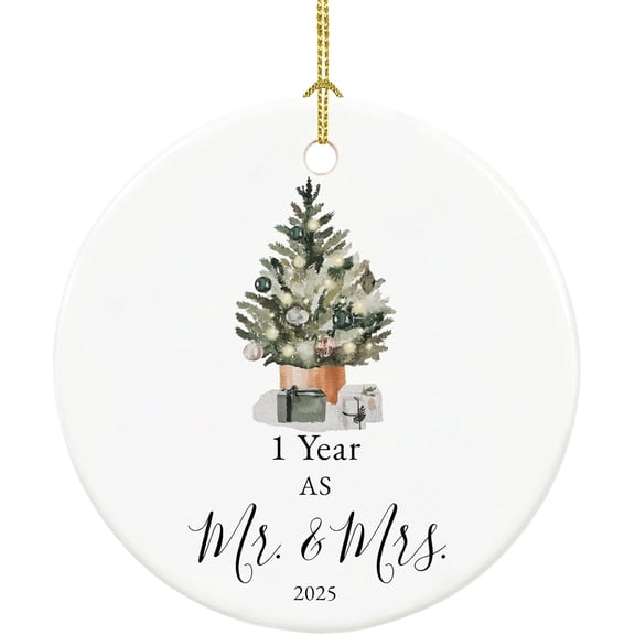 First Anniversary Ornament Gifts for Couple, Wedding Keepsake for 1 Year as Mr and Mrs, Ceramic Christmas Ornament