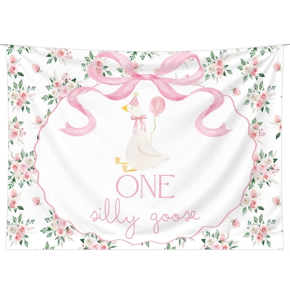First‑Anniversary Pink Adorable Goose‑Themed Birthday Party Background‑Featuring Pink Flower Design, Ideal For Birthday Parties And Family Gatherings