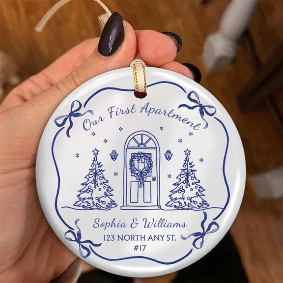 Our First Apartment Ceramic Ornament Flat 2D Printed, Personalized Keepsake for Newlywed Couple, Custom Name and Address New Family Gift, First Home Holiday Decor