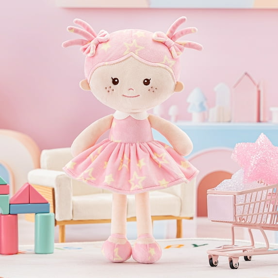 First Baby Doll Plush Rag Dolls Sleeping Cuddle Buddy Doll Soft Baby Doll for Girls Wear Star Pink Sleeveless dress 13"