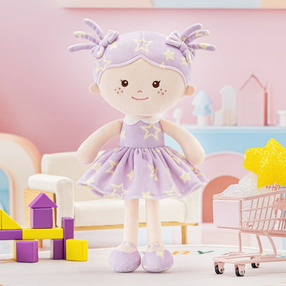 First Baby Doll Plush Rag Dolls Sleeping Cuddle Buddy Doll Soft Baby Doll for Girls Wear Star Purple Sleeveless Dress 13"