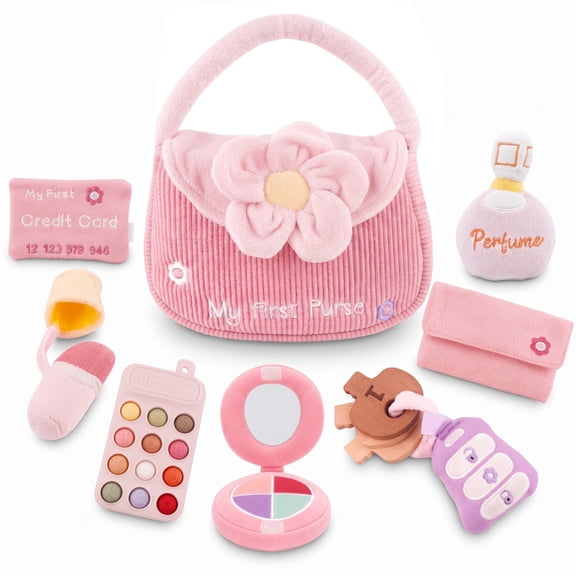 WQFSTORE My First Purse Baby Toy, 10 Pcs Toddler Sensory Pretend Play Set with Teether Phone, Keys, Mirror & Crinkle Card, Gifts for 1 Year Old Girls