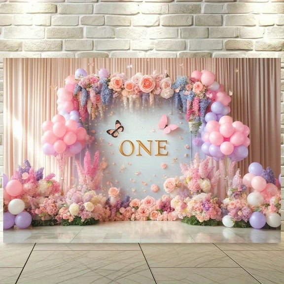 First Birthday Backdrop for Girl Wonderland Purple Pink Flowers Butterfly Balloons Photography Background Princess 1st One Year Old Birthday Party Decorations Banner Supplies Photo Booth Props
