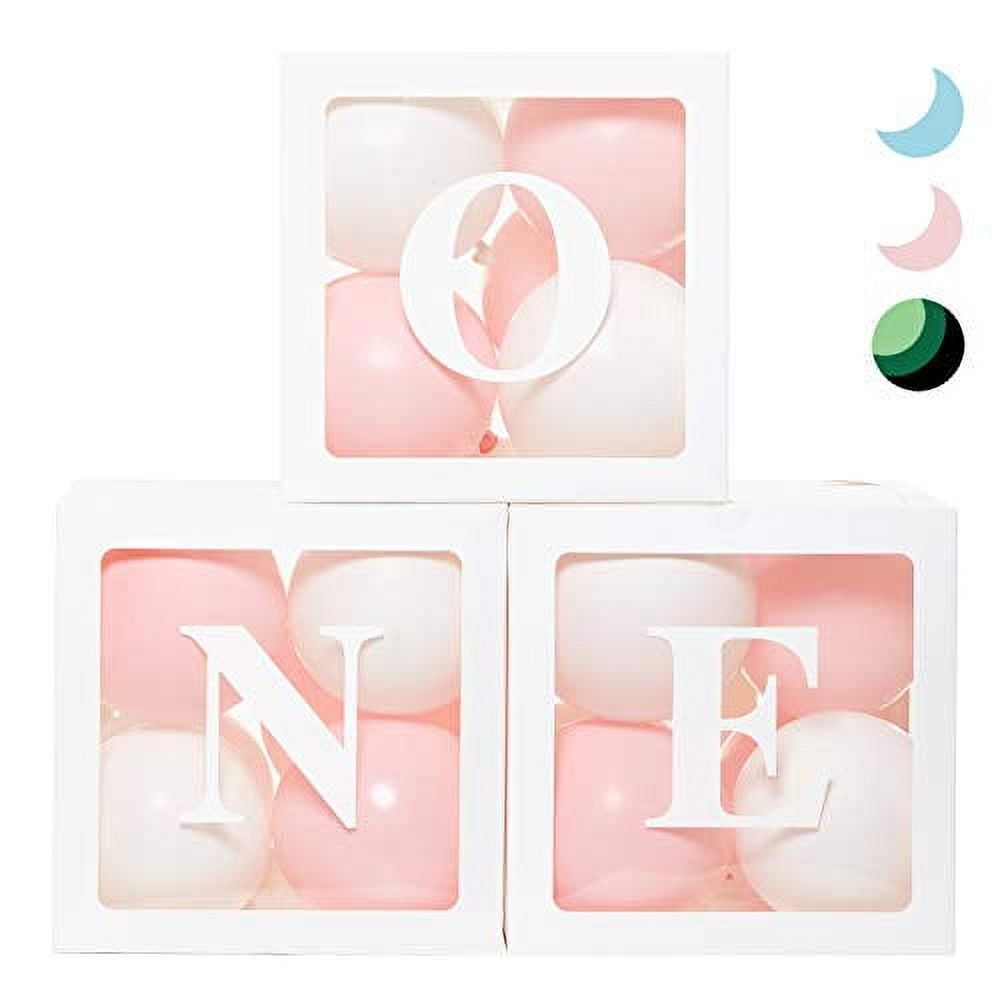 First Birthday Pink and White Balloon 'ONE' Boxes with 24 Balloons