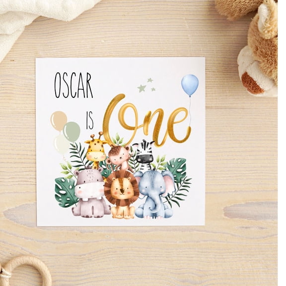 First Birthday Card for Oscar  Adorable Animal Design  Oscar is One with Cute Illustrations  Envelope Included, Blank Inside  Perfect for Celebrating Baby's Milestone