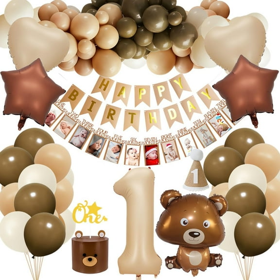 First Birthday Decoration for Boy, 1st Birthday Decorations with Boho Beige Coffee Number 1 Foil Balloon, Bear Theme Party with Giant Bear Foil Balloon