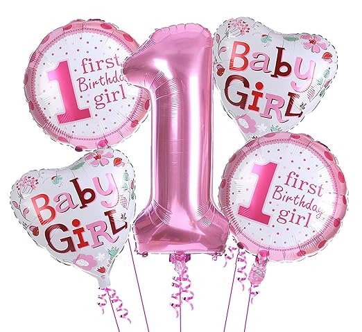 First Birthday Decoration Girl Combo |1st Birthday decoration For Baby Girl Items  Foil Balloons Baby Shower Party |Birthday Party Material - Pink  (Pack Of 5)