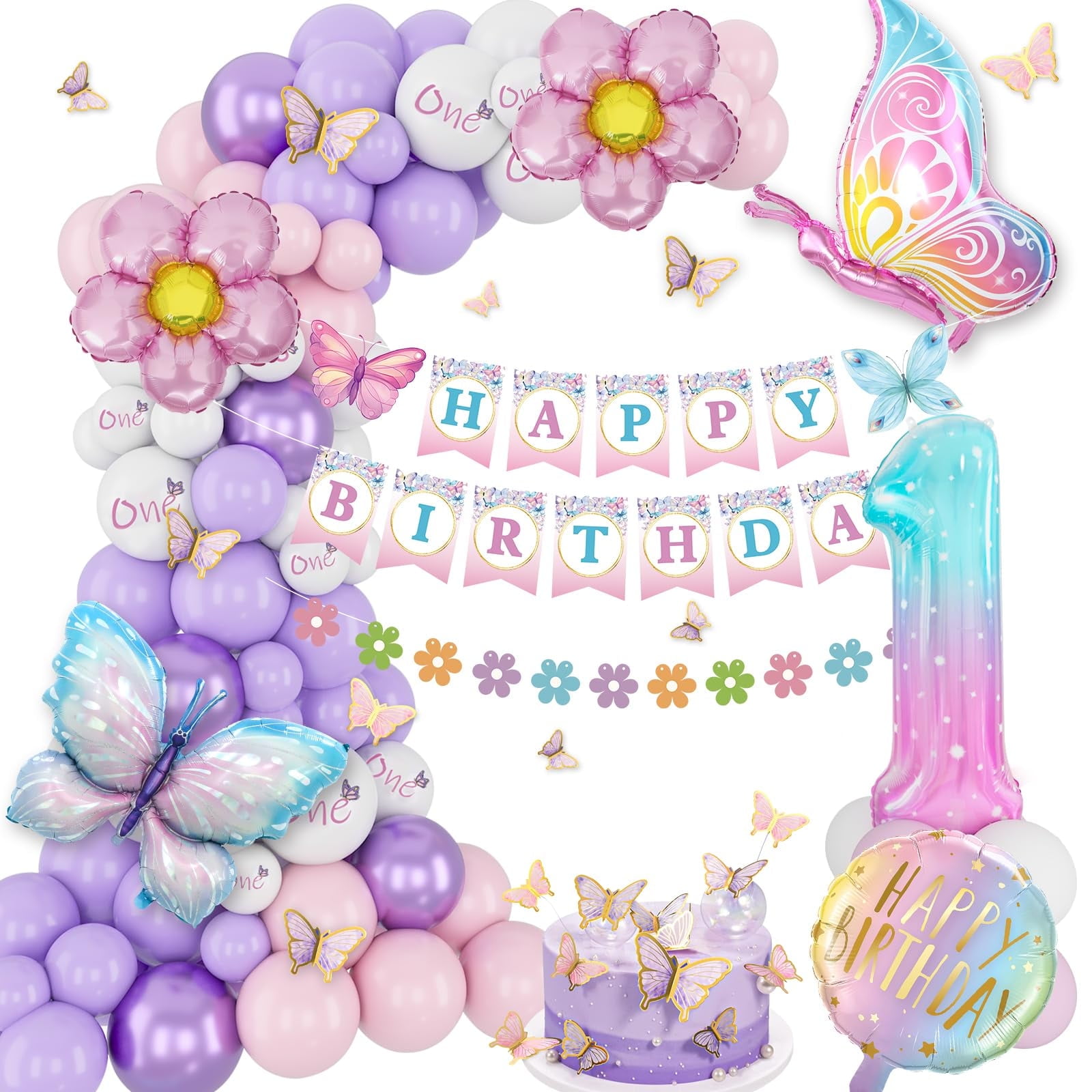 First Birthday Decorations for Girl, One Year Old Bday Decorations Girl, Butterfly Birthday Party Decorations, Pink Purple Balloons 1st Birthday Decoration