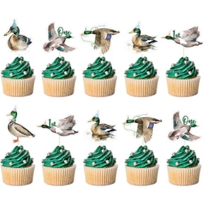 First Birthday Duck Cupcake Toppers - 24Pcs Mallard Duck Baby Shower Decor & Hunting Cake Picks