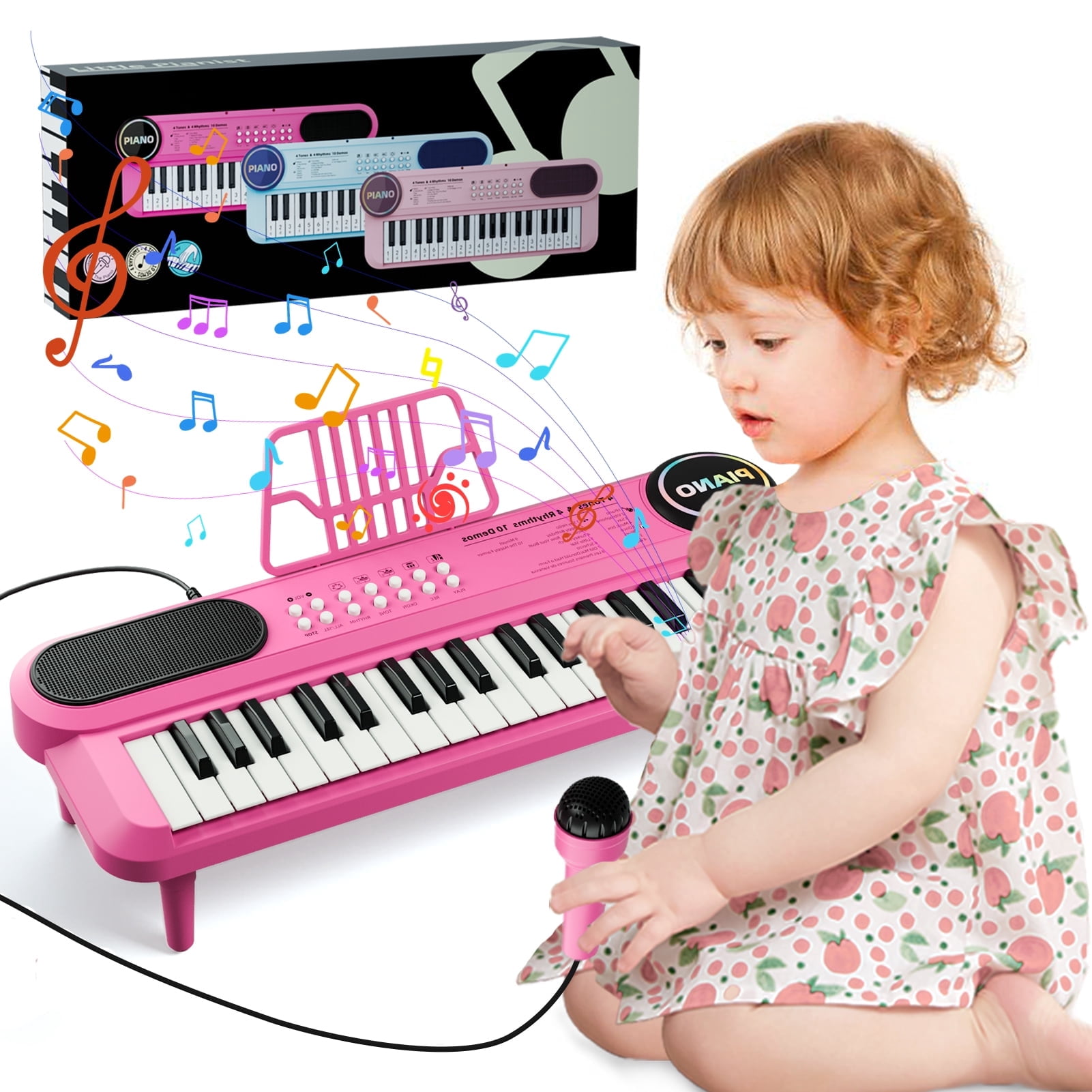 First Birthday Gifts for Girls, 37 Key Pink Piano Keyboard for Kids Toys for 12+ Months Olds Girls, Musical Piano with Microphone & Music Stand, Portable Electronic Instrument Gifts for Toddlers 1-3