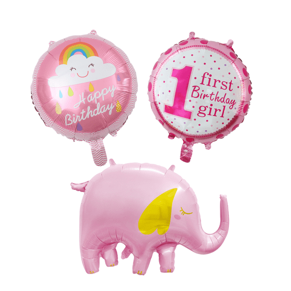 First Birthday Girl Balloon Set with Pink Elephant and Foil Balloons for 1st Birthday Party Decorations