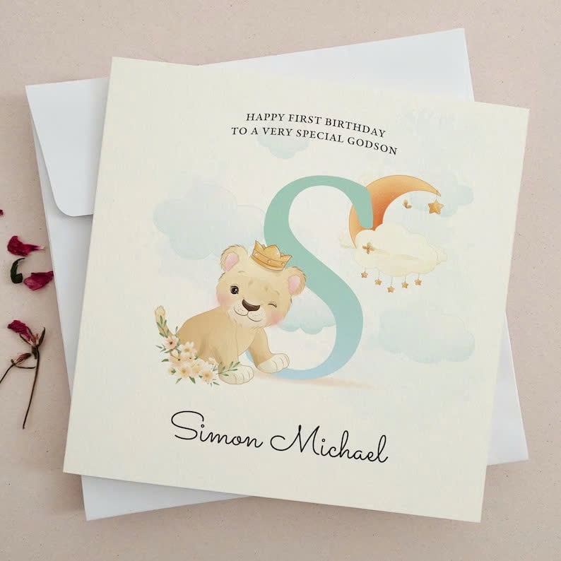 First Birthday Greeting Card for Godson Adorable Lion King Design with Personalized Name Option Perfect for Celebrating Special Milestones