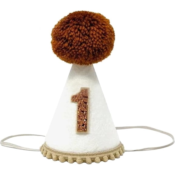 First Birthday Hat for Baby Boy, 1st Birthday Party Hat with Brown Pompom, Baby Party Crown for One Year Old, Cake Smash and Photo Props